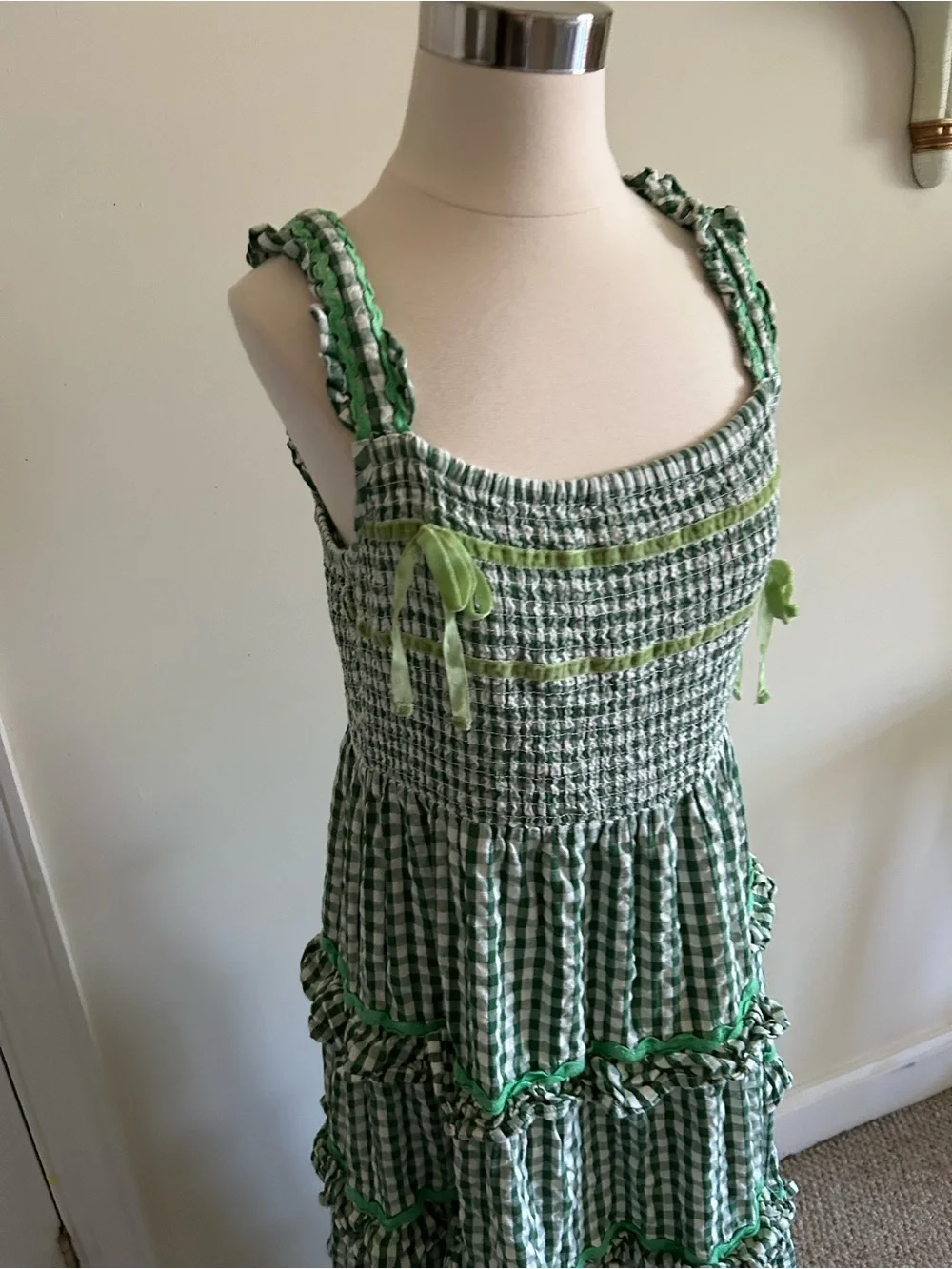 Anthropologie Neon Rose Gingham Ruffle Maxi Green Dress size L - Picture 3 of 10